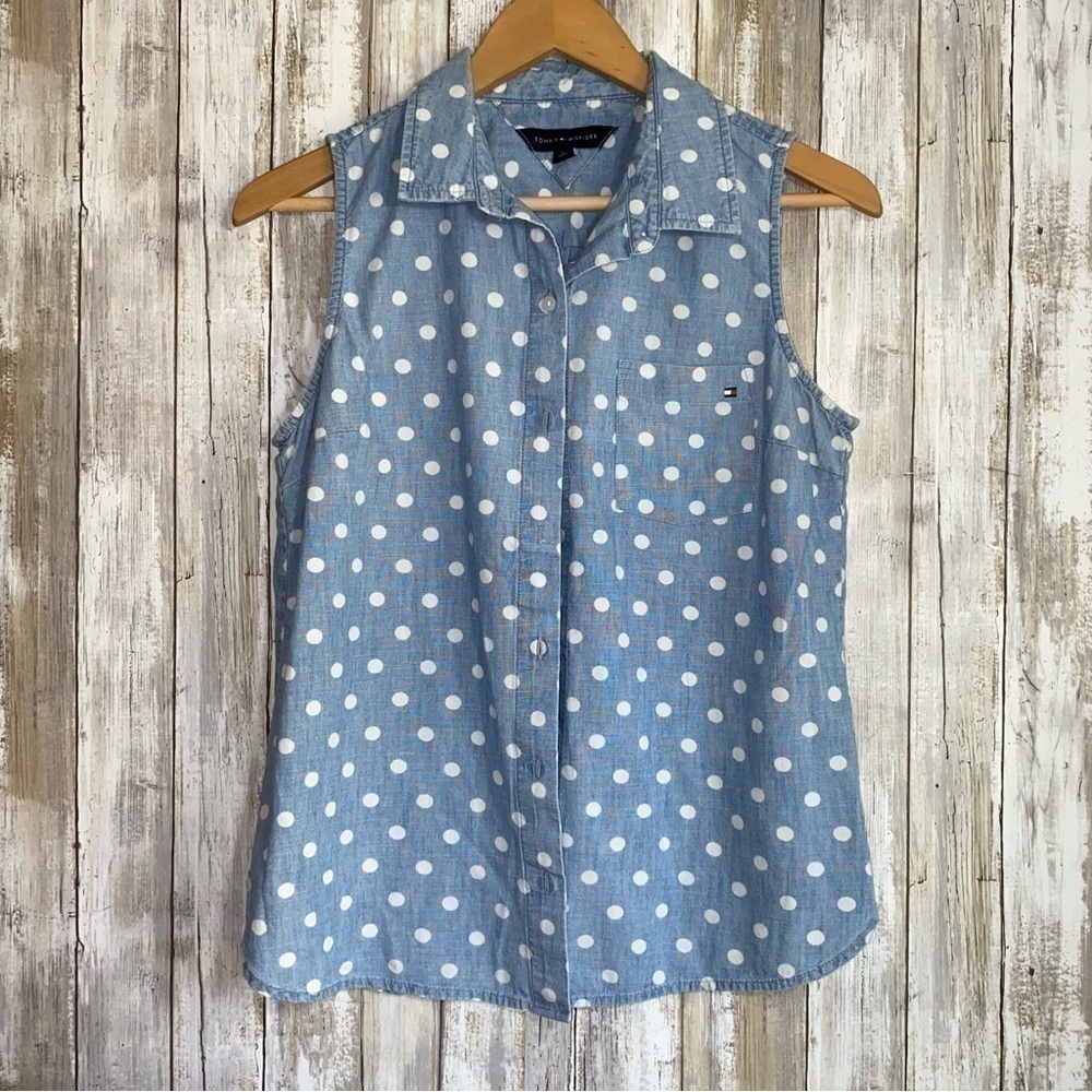 Tommy Hilfiger Denim Polka Dot Sleeveless Button Down - Picture 1 of 5